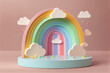 3d podium on pastel background with clouds and cute rainbow, kids product display