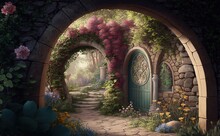 Magical Garden With Archway Filled With Blooming Flowers - Generative Ai