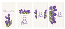 Set Of Vertical Banners For International Women's Day With Purple Watercolor Tulips For Social Media. Vector