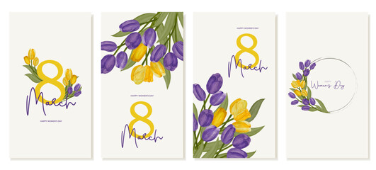 Wall Mural - Set of vertical banners, stories for International Women's Day with yellow and purple watercolor tulips for social media. Vector