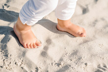 Baby Feet Barefoot Walking On The Sand On The Sandy Beach. Girl Legs Toddler. Top View, Flat Lay. Bottom View Of The Legs.