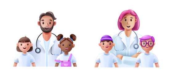 3D pediatrician, family doctor vector children healthcare concept, medical female male character. Cartoon therapist, boys girls smiling patients, hospital woman man volunteer. Pediatrician doctor