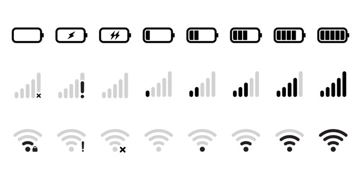 Battery signal and Wi-Fi icon symbol black and white icons pack. Mobile phone signal, wi-fi, battery icon. Status bar symbol modern, simple, vector, icon for website design, mobile app, ui. Vector