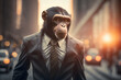 © Maelgoa - Portrait d'un chimpanzé anthropomorphe businessman se baladant dans les rues de la ville » IA générative