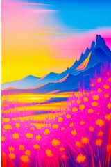  oil painting brush stroke, sun, blue gradient sky, soft pink hues in skyline,bokeh mountains neutral grey color, grass field in foreground with many flowers in coral yellow pink orange - generative ai