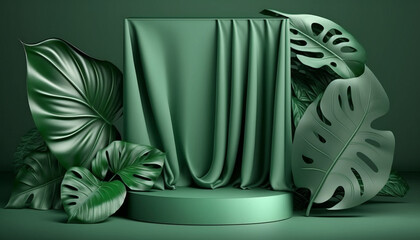 Green fashion fabric cosmetic stage presentation generative AI	