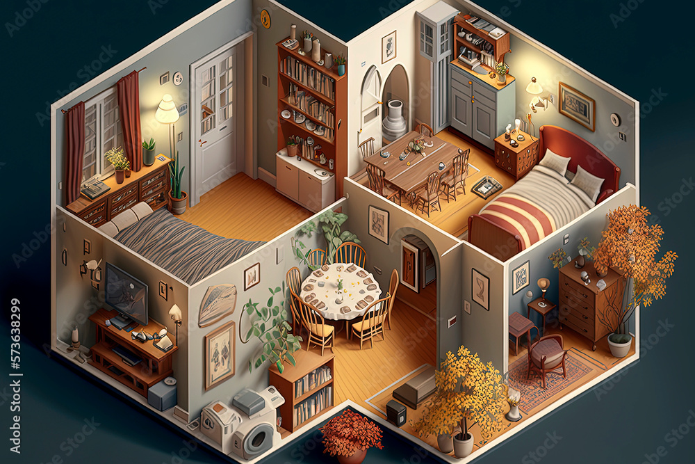 Generative AI illustration of Cutaway house isometric. Housing ...
