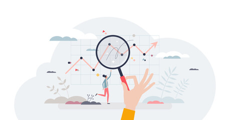 Wall Mural - Business analysis and company financial data monitoring tiny person concept, transparent background. Profit plan with development and growth illustration. Information research and graph monitoring.