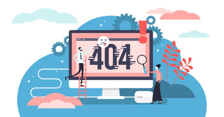 Error 404 illustration, transparent background. Flat tiny website mistake alert persons concept. Page not fount fail message as pop up notification. Oops broken network failure and problem.