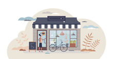 Small Business And Local Store With Boutique Storefront Tiny Person Concept, Transparent Background. Open Grocery Or Cafe Place With Happy Customer Illustration. Shop Front Exterior View.