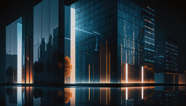 skyscrapers at night, dark building facade, city lights reflection on glass. generative ai