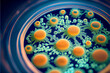Close-up of virus cells or bacteria on light background.