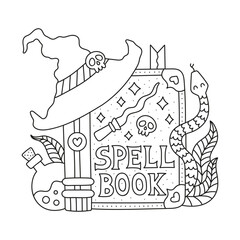 Magical spell book for wizard. Witchcraft recipes book. Witch hat, alchemy potion, snake, magic wand. Mysterious elements for school of magic. Funny coloring page for kids. Cartoon vector illustraion