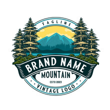 Mountain Vector Logo Design. Illustration Of Mountains And Pine Trees. For Travel, Hiking And Outdoor Activities