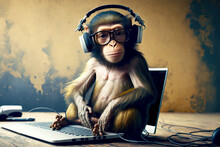 Sitting On Branch Funny Monkey With Headphones And Glasses, Generative Ai
