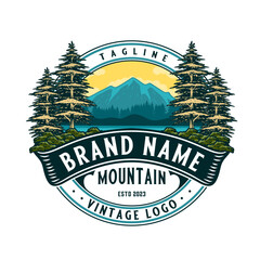 mountain vector logo design. illustration of mountains and pine trees. for travel, hiking and outdoo