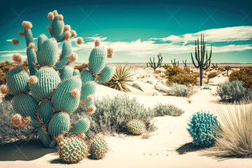 desert landscape with cactus and sand dunes among blue green flora and sky, generative ai