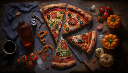 Wall Mural - Delicious Pizza with many Ingredients. Concept promotional flyer and poster for Restaurants or pizzerias - Generative AI