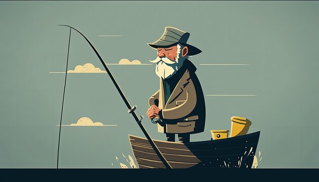 Old fisherman with his fishing rod standing in his wooden boat at sea. Generative AI.