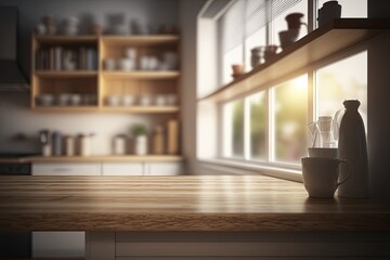 Poster - A wooden table in front of a blurred window and some shelves in the kitchen. Generative AI