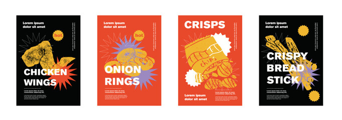 Chicken wings, onion rings, crisps, crispy bread, stick. Price tag or poster design. Set of vector illustrations. Typography. Engraving style. Labels, cover, t-shirt print, painting.
