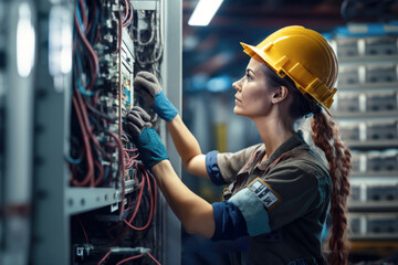 Generative AI illustration of a professional electrician woman installing a electric switchboard