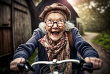 An Cute Happy And Smiling Granny Ride The Bicycle - AI Generative