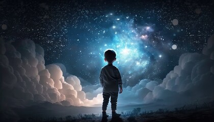 Wall Mural - a kid watching out at big window open to galaxy sky, midnight time, idea for imagination and dream concept, Generative Ai