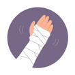Broken arm. Gypsum bandage. Medical care, treatment and rehabilitation. Help with trauma. Flat vector illustration isolated on white background