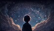 illustration of a boy looking at night starry sky with glitter glow galaxy flicker above, idea for prayer of hope, love, peace theme, Generative Ai
