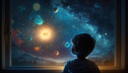 Wall Mural - a kid watching out at big window open to galaxy sky, midnight time, idea for imagination and dream concept, Generative Ai	
