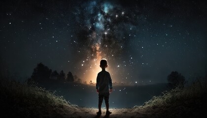 Wall Mural - illustration of a boy looking at night starry sky with glitter glow galaxy flicker above, idea for prayer of hope, love, peace theme, Generative Ai