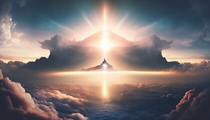 way to heaven with light glow from the eternal horizon, concept of adventure to unknown place, Generative Ai	
