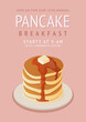 Pancakes. Breakfast. Vector illustration of pancakes portion on plate with butter slice and maple syrup.