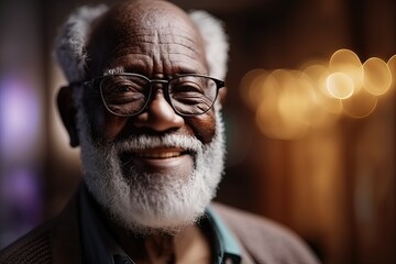 Aged well: close-up portrait of happy senior BIPOC man looking at camera. Nice bokeh background.