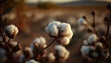 Close Up Ripe Cotton With White Fiber Grow On Plantation, Generative Ai