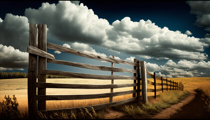 Wall Mural - Wooden Fence with Clouds in Country Background generative IA 