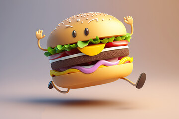 Poster - Cute Cartoon Dancing Hamburger Character (Created with Generative AI)