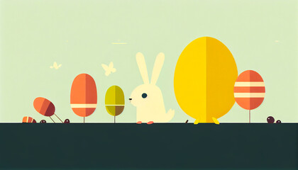 Easter banner with rabbit and beautiful painted eggs set on grass. Concept of Easter egg hunt or egg decorating art. Generative AI