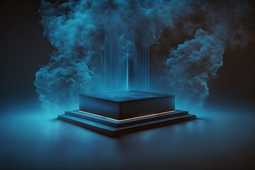 Wall Mural - Smooth dark neon blue hues and an opulent smoke ambience on a sleek platform stage. Film like Scenery for a Display Background. Generative AI