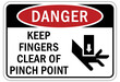 Pinch point hazard sign and labels keep fingers clear of pinch point