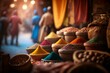 The Flavors and Aromas of a Bustling Moroccan Market in Marrakech, Africa souk atmosphere with herbs, spices, exotic fruits Ai Generative