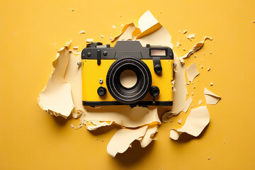 Yelow vintage camera with yelow torn paper. Burst hole background. Minimal abstract colorful wallpaper concept.