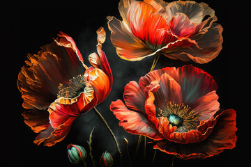 Wall Mural - Red and gold color poppy flowers on black background, Generative Ai