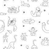 Fototapeta Pokój dzieciecy - Seamless pattern with black line drawings of cats.This black and white seamless cat pattern is perfect for creative projects like fabrics. The minimalistic yet playful design makes it versatile