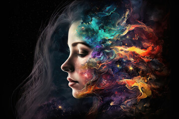 Wall Mural - double exposure of a beautiful fantasy woman and a colorful magical abstract background, generative 