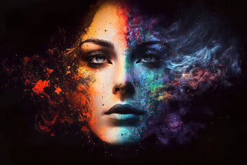 Wall Mural - double exposure of a beautiful fantasy woman and a colorful magical abstract background, generative 