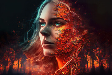 Wall Mural - double exposure of a beautiful fantasy woman and a colorful magical abstract background, generative 