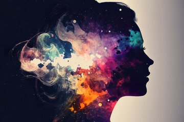 Wall Mural - double exposure of a beautiful fantasy woman and a colorful magical abstract background, generative 