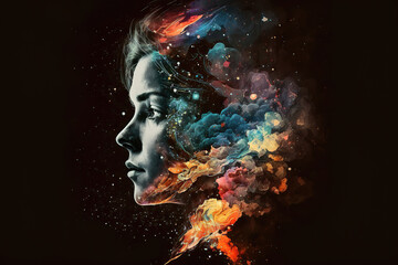 Wall Mural - double exposure of a beautiful fantasy woman and a colorful magical abstract background, generative 